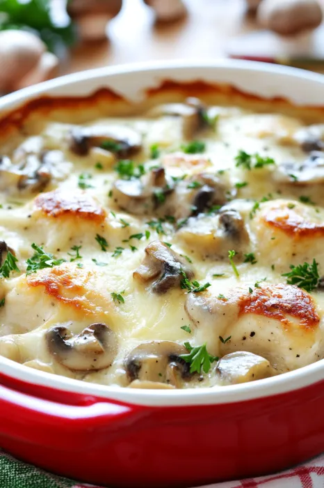 A bowl filled with cheesy, mushroom-topped chicken.