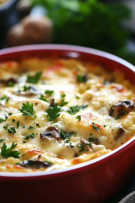 A bowl with tender chicken and mushrooms in a creamy sauce.