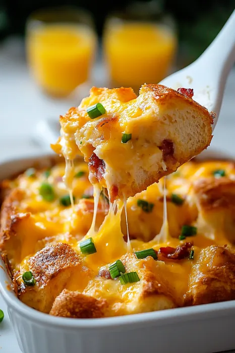 A bowl of cheesy casserole with a fork stuck in.