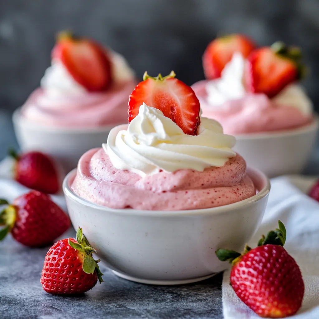 A bowl of light and creamy strawberry mousse.