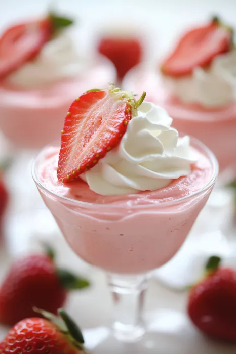 A glass filled with pink strawberry fluff.