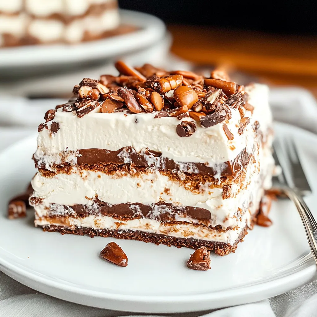 A chilled slice with chocolate and pecans on the top.
