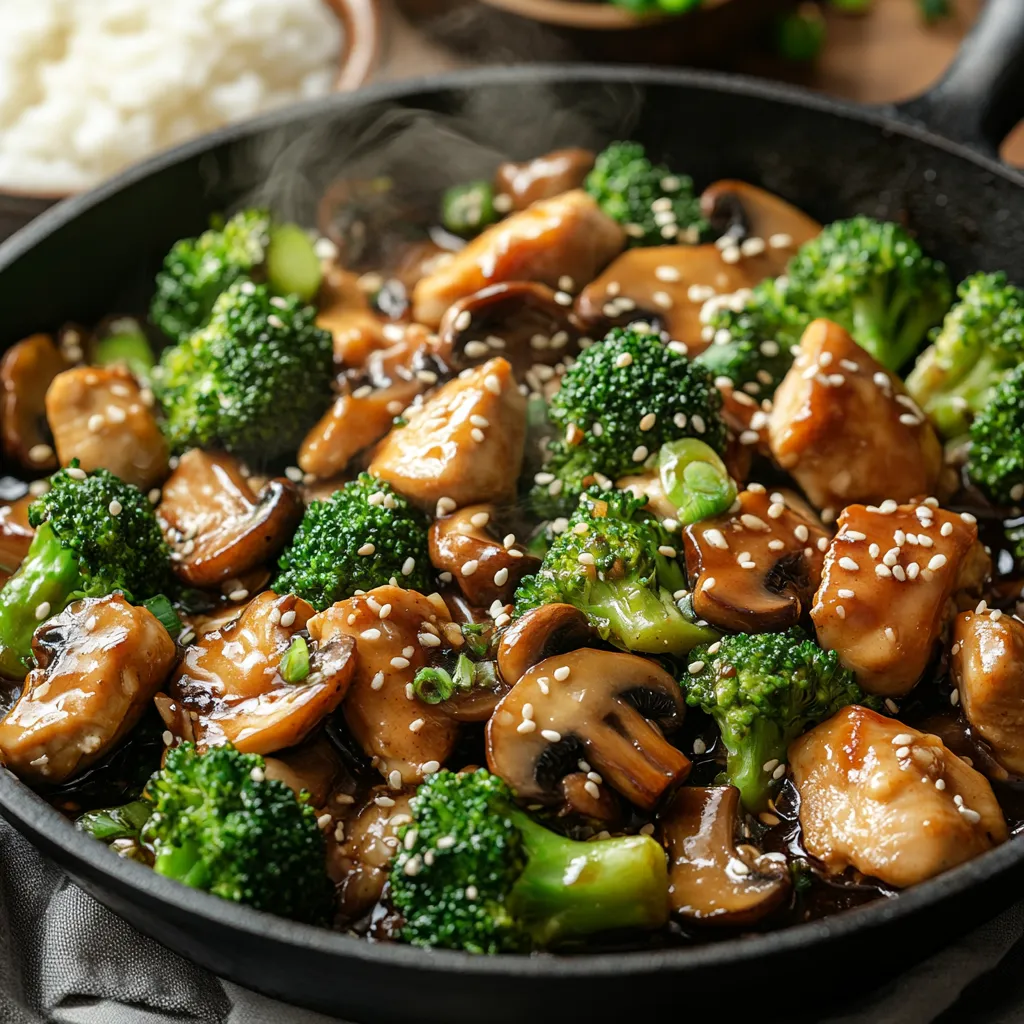 A dish filled with mushrooms and broccoli in a frying pan.