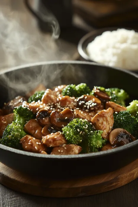 A bowl packed with broccoli and mushrooms.