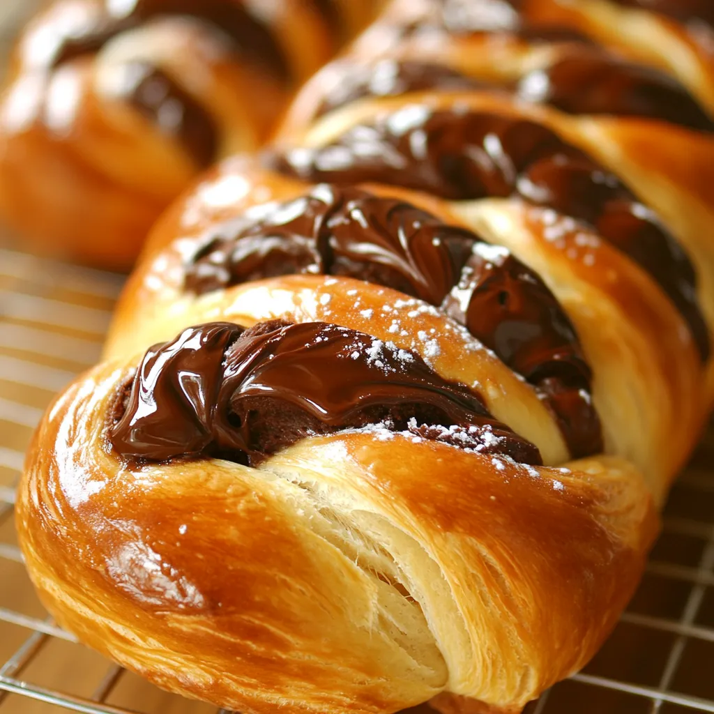 A tray of croissants drizzled with melted chocolate.