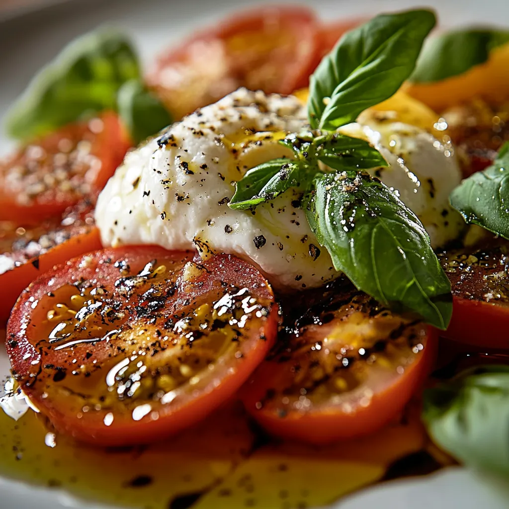 A plate of fresh cheese and tomatoes drizzled with olive oil.