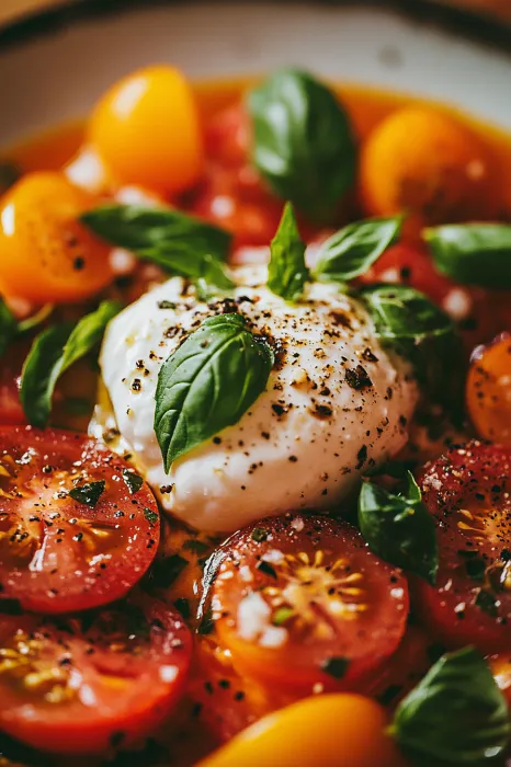 A plate of food with tomatoes and cheese.