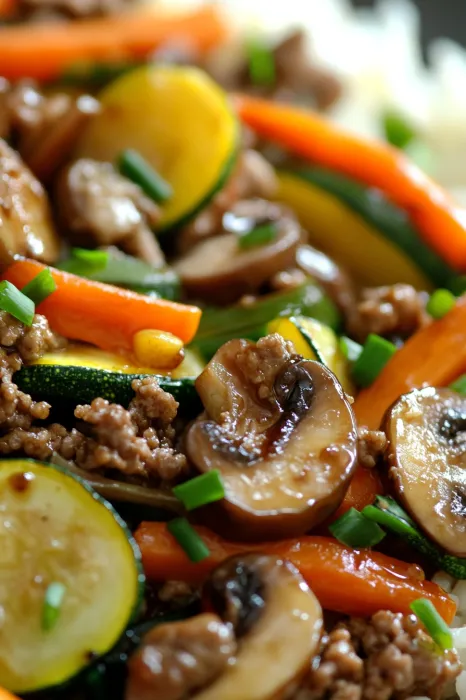 Zoomed-in plate showing mushrooms, carrots, and zucchini all tossed together.