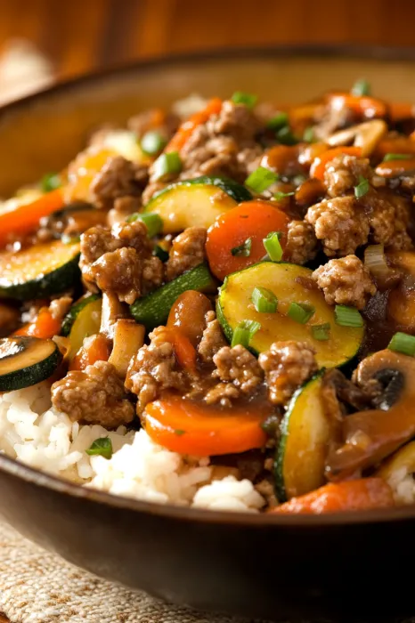 Steaming bowl with beef and vegetables piled high.