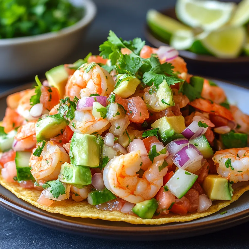 A bowl of fresh shrimp and avocado salsa.