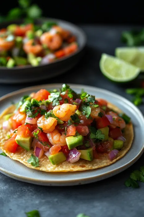 A plate of shrimp with creamy avocado and salsa veggies.