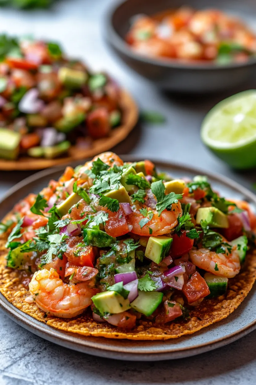Generous plate with shrimp, tomatoes, and chunky avocado.