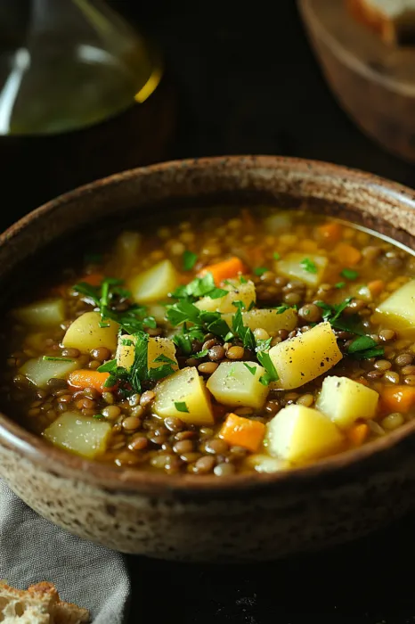 A bowl of soup with vegetables and herbs.