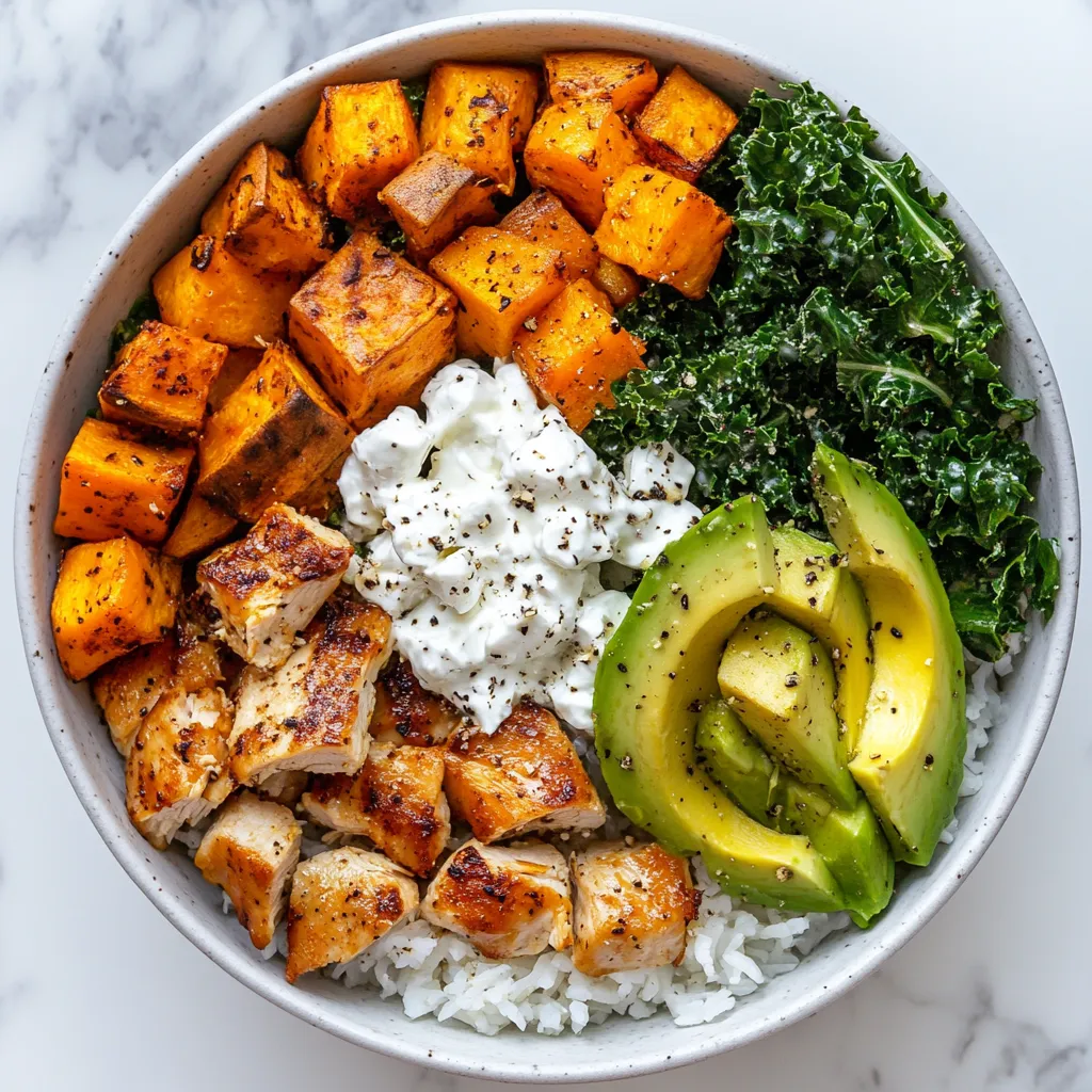 A bowl with chicken, sweet potatoes, and colorful veggies.