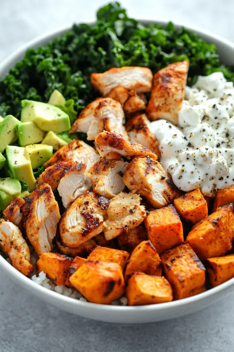 A tasty bowl with chicken, avocado, and rice.