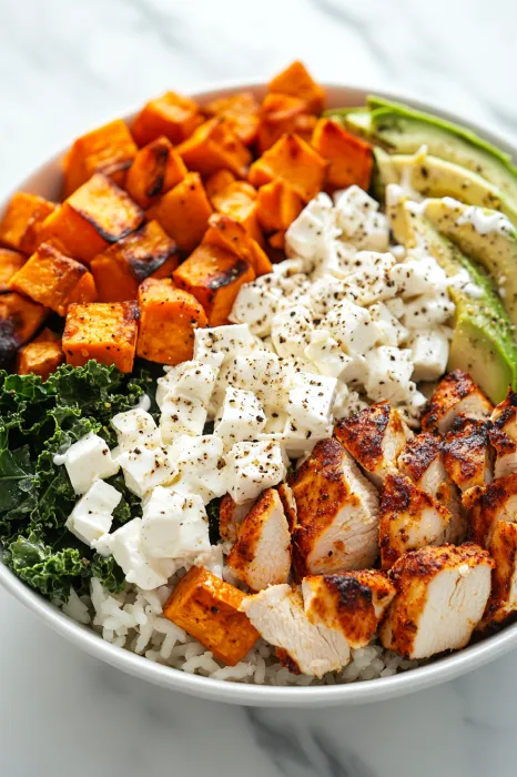 A loaded bowl with meat, cheese, and veggies.