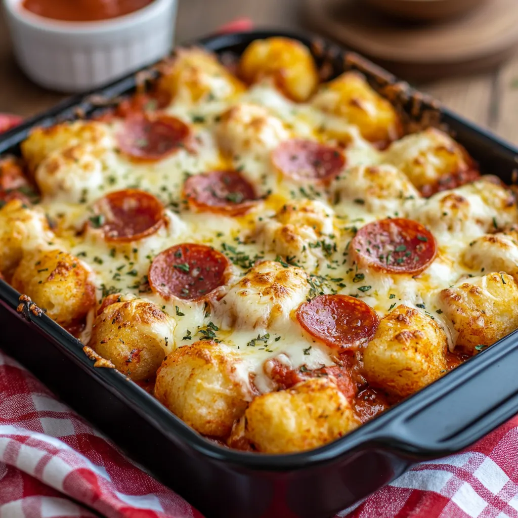 A pan of food topped with cheese and pepperoni.