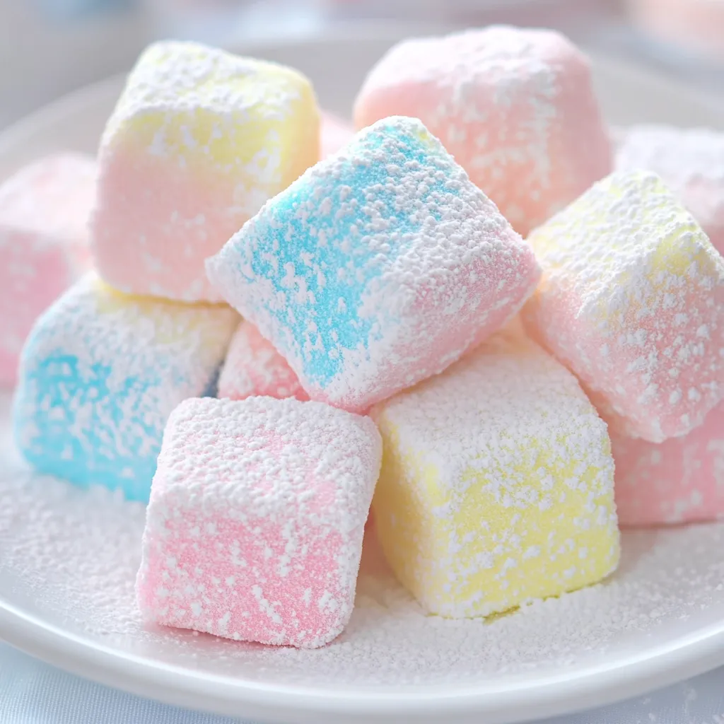 A plate loaded with bright marshmallows.