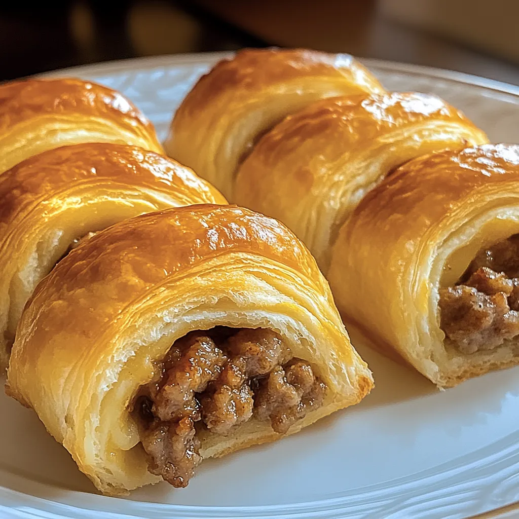 A plate stacked with croissants stuffed with savory meat.