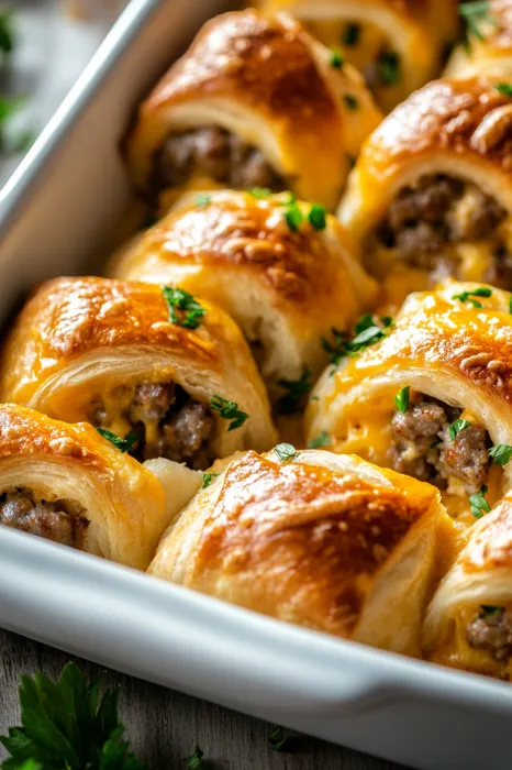 Tray holding dough-wrapped sausage and cheese bites.