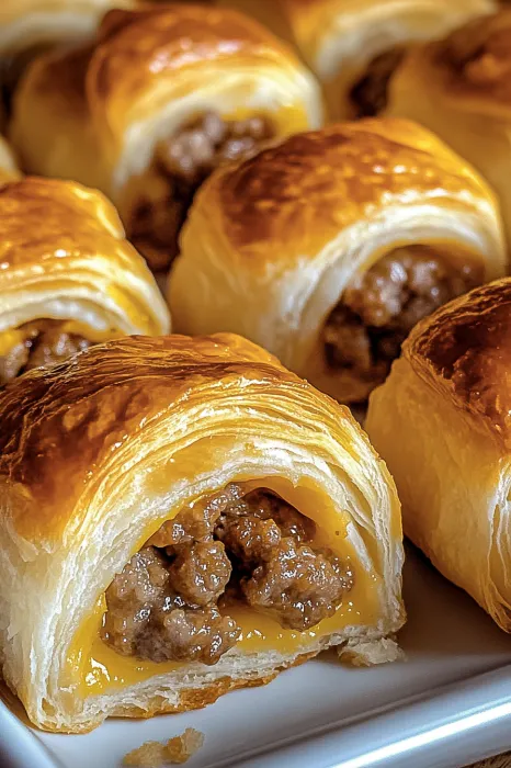 Plate with flaky pastries filled with sausage and cheese.