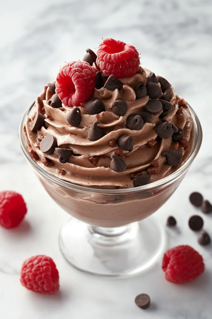 Chocolate ice cream topped with raspberries in a glass.
