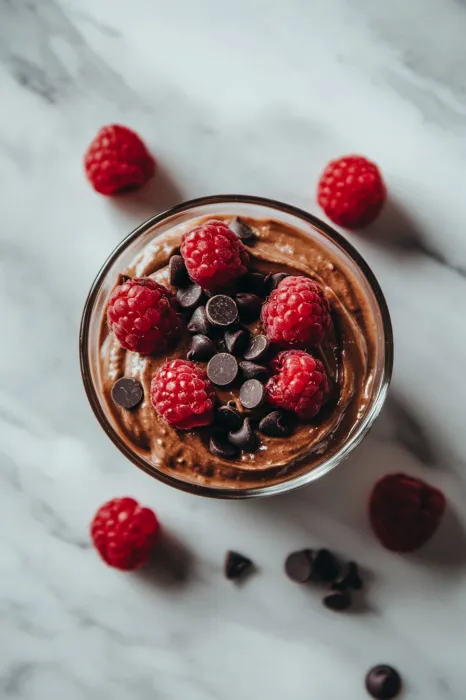 Chocolate with raspberries layered in a glass.