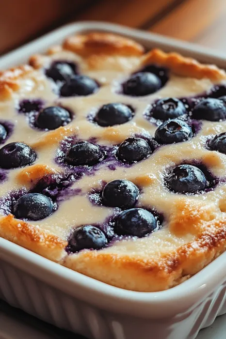 Blueberry bake with golden edges and juicy berries on top.