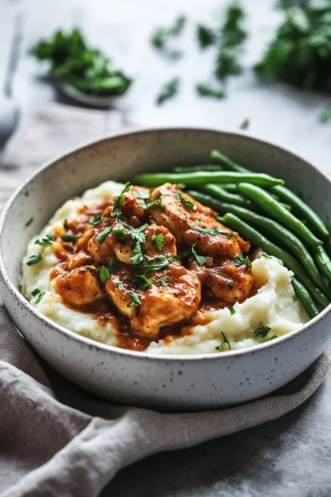 A bowl of food with green beans and chicken.