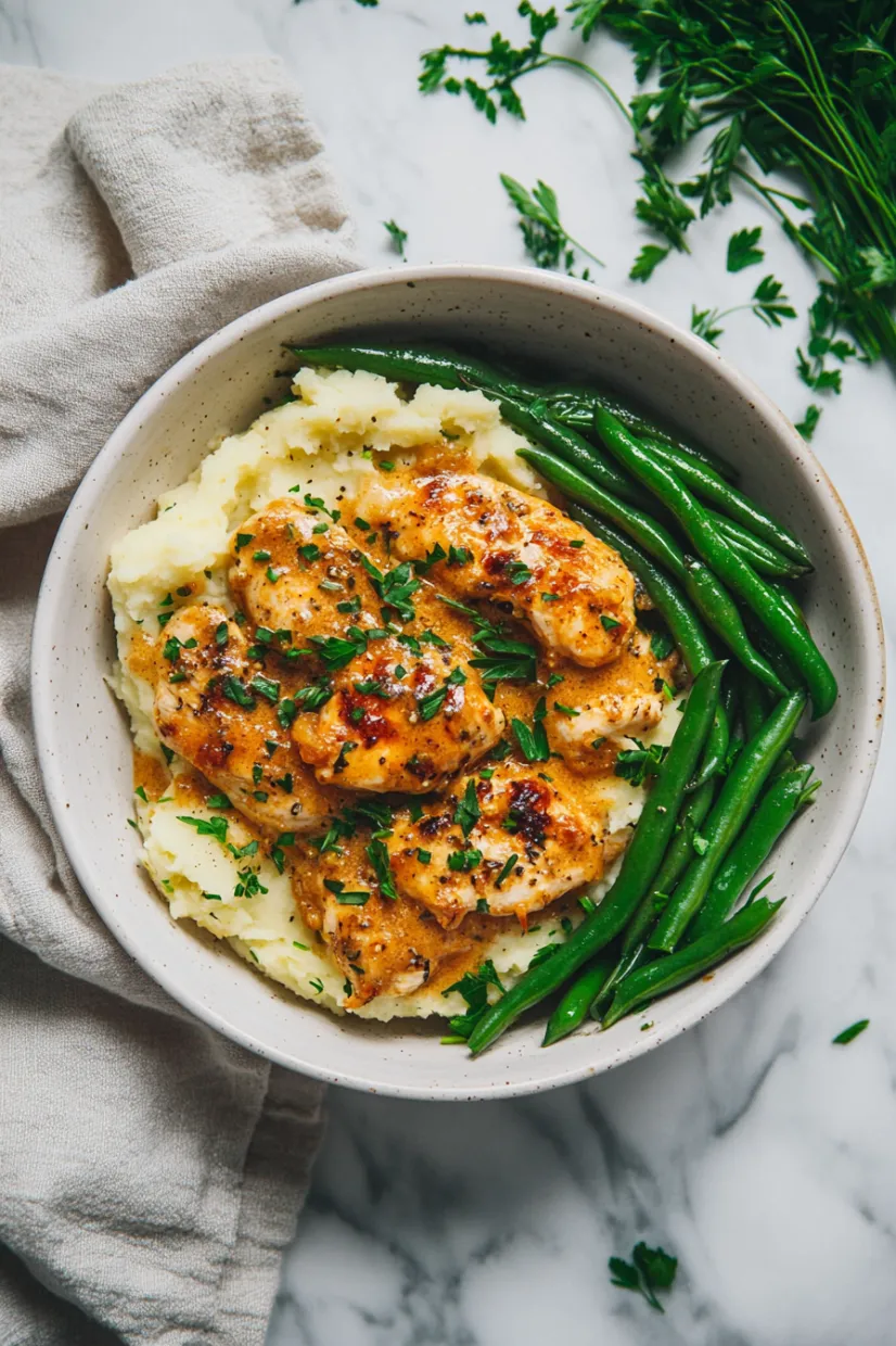 A bowl of food with chicken and green beans.