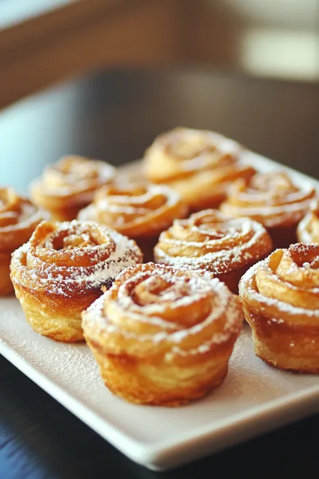 A plateful of flaky pastries dusted with powdered sugar.