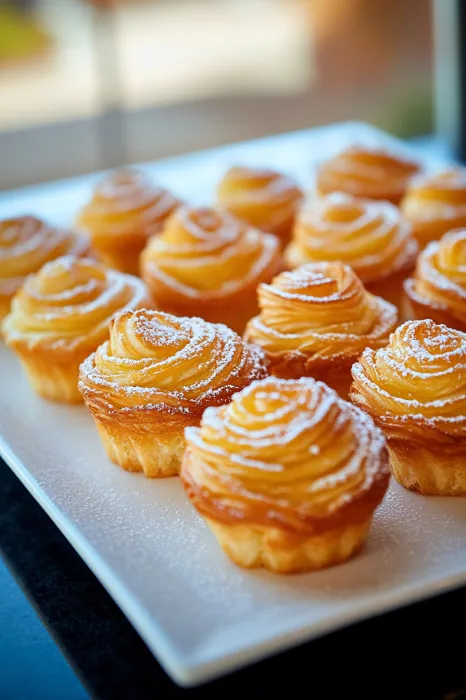 Pastries stacked on a plate, topped with a shake of powdered sugar.