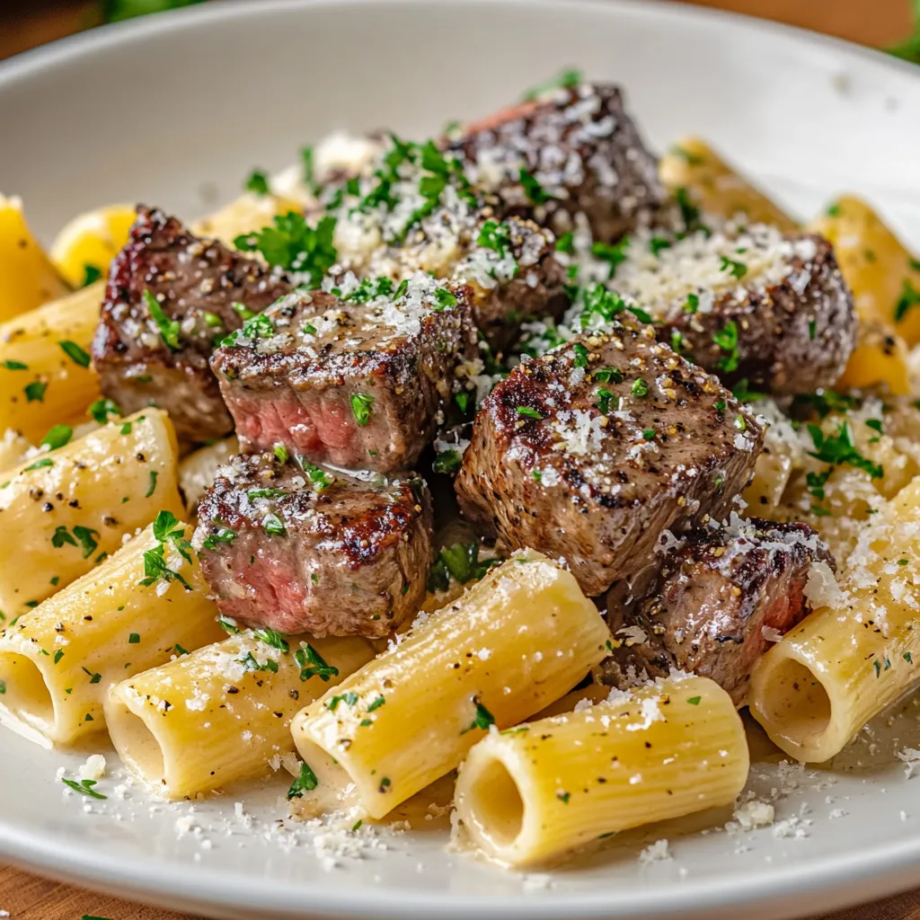 A plate filled with pasta, steak and melty cheese.