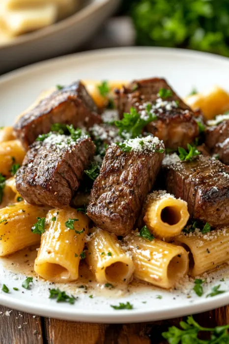 A plate of food with pasta and meat.