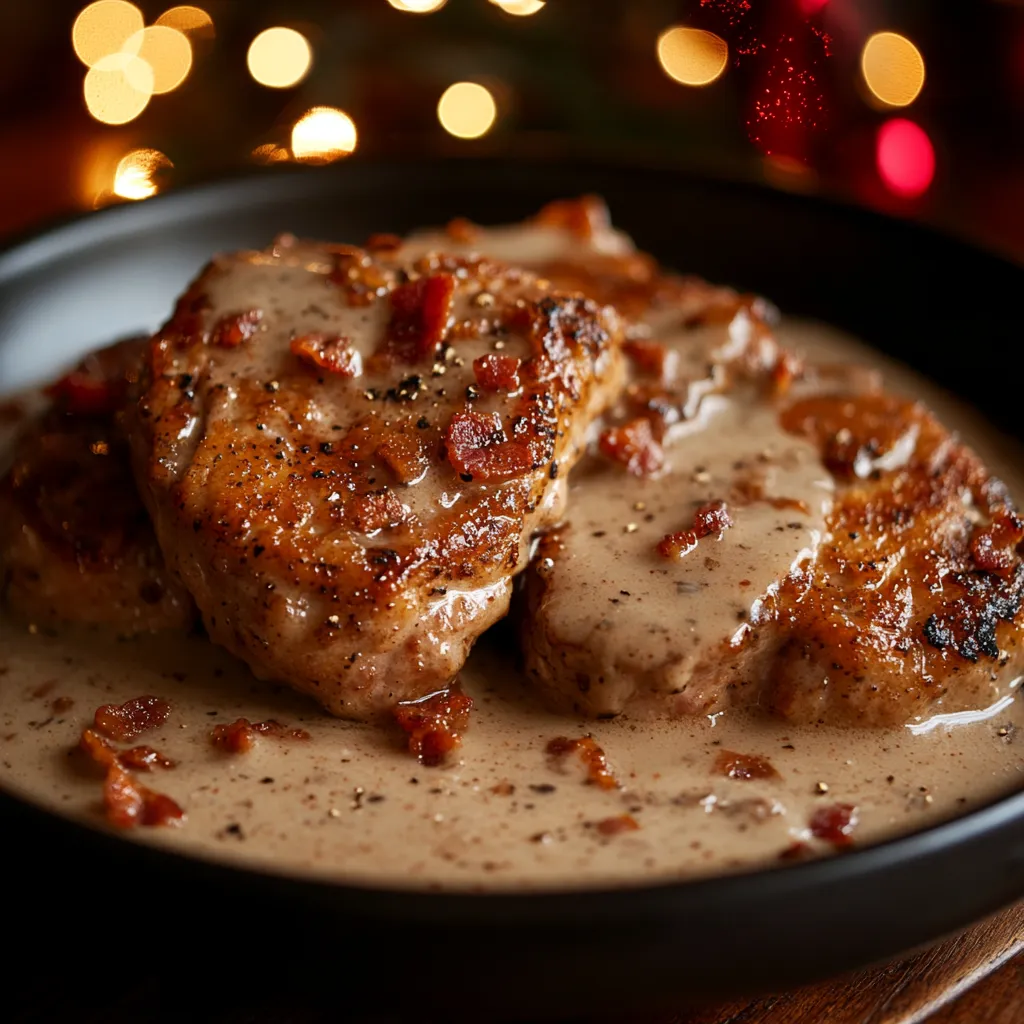 A plate of meat covered in gravy.