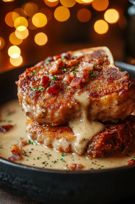 A plate piled high with chops and plenty of gravy.