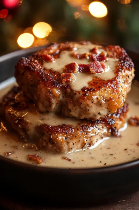 Meat and gravy stacked up on a white plate.
