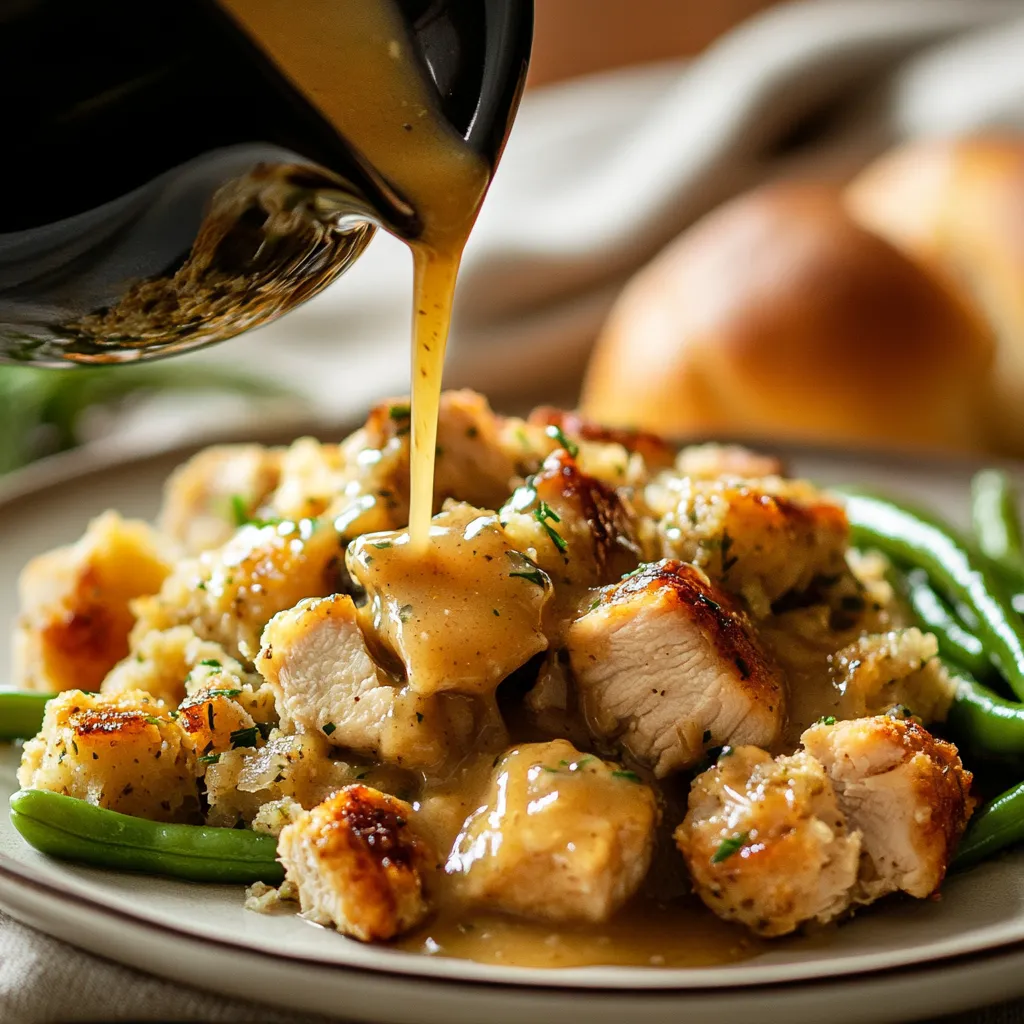 A plate loaded with chicken and gravy.