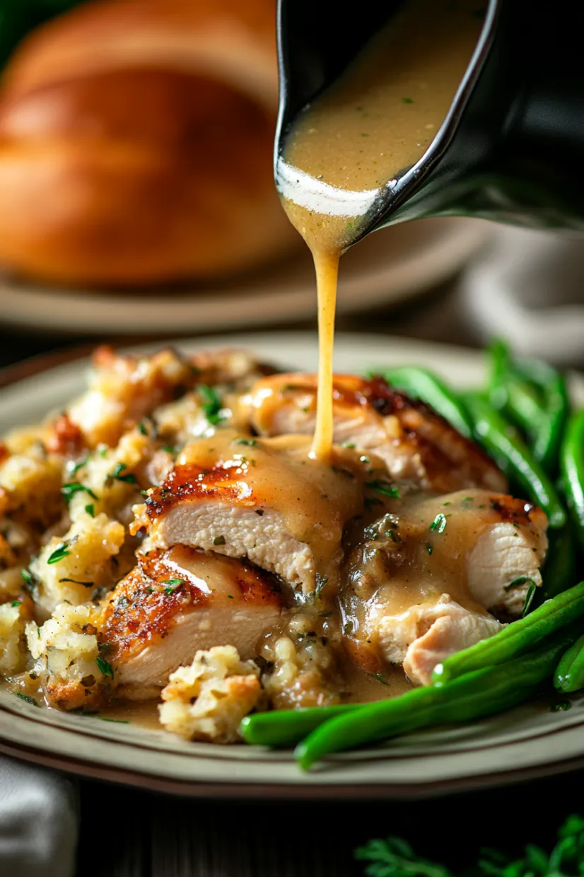 A plate showing gravy poured over chicken and stuffing with mashed potatoes.