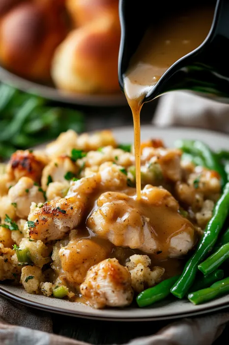 Gravy poured over a chicken and stuffing dinner on a plate.