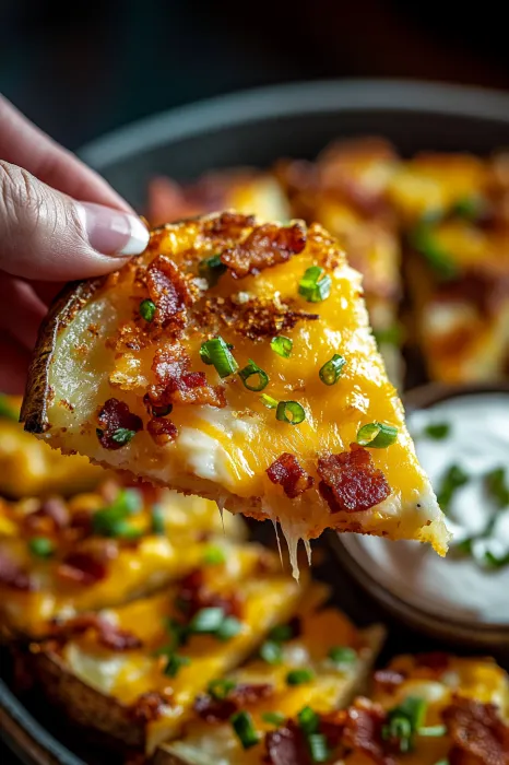 Pizza slice topped with bacon and melted cheese.