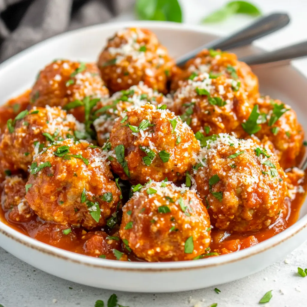 Bowl of cheesy meatballs sprinkled with herbs.