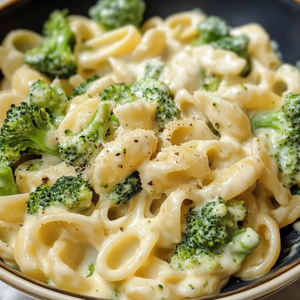 A bowl filled with broccoli pasta.