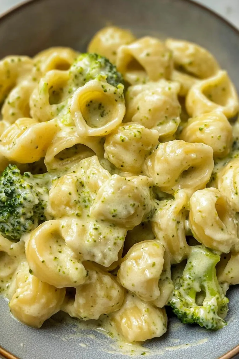 A bowl of noodles and broccoli in a cheesy sauce.