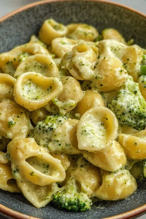 A bowl of creamy pasta and broccoli.