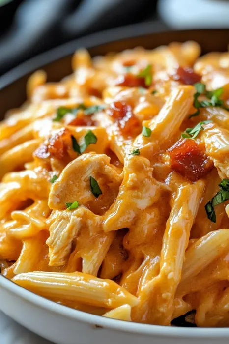 A bowl of pasta loaded with chicken and gooey cheese.