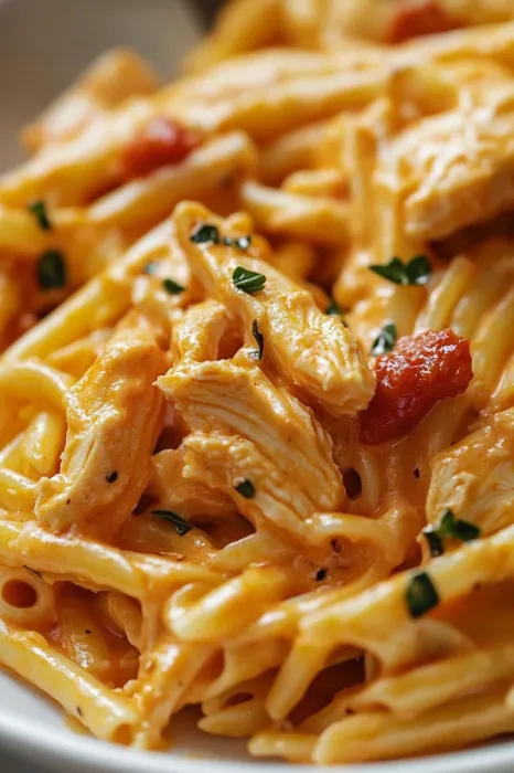 Pasta tossed with tomatoes and chunks of chicken.