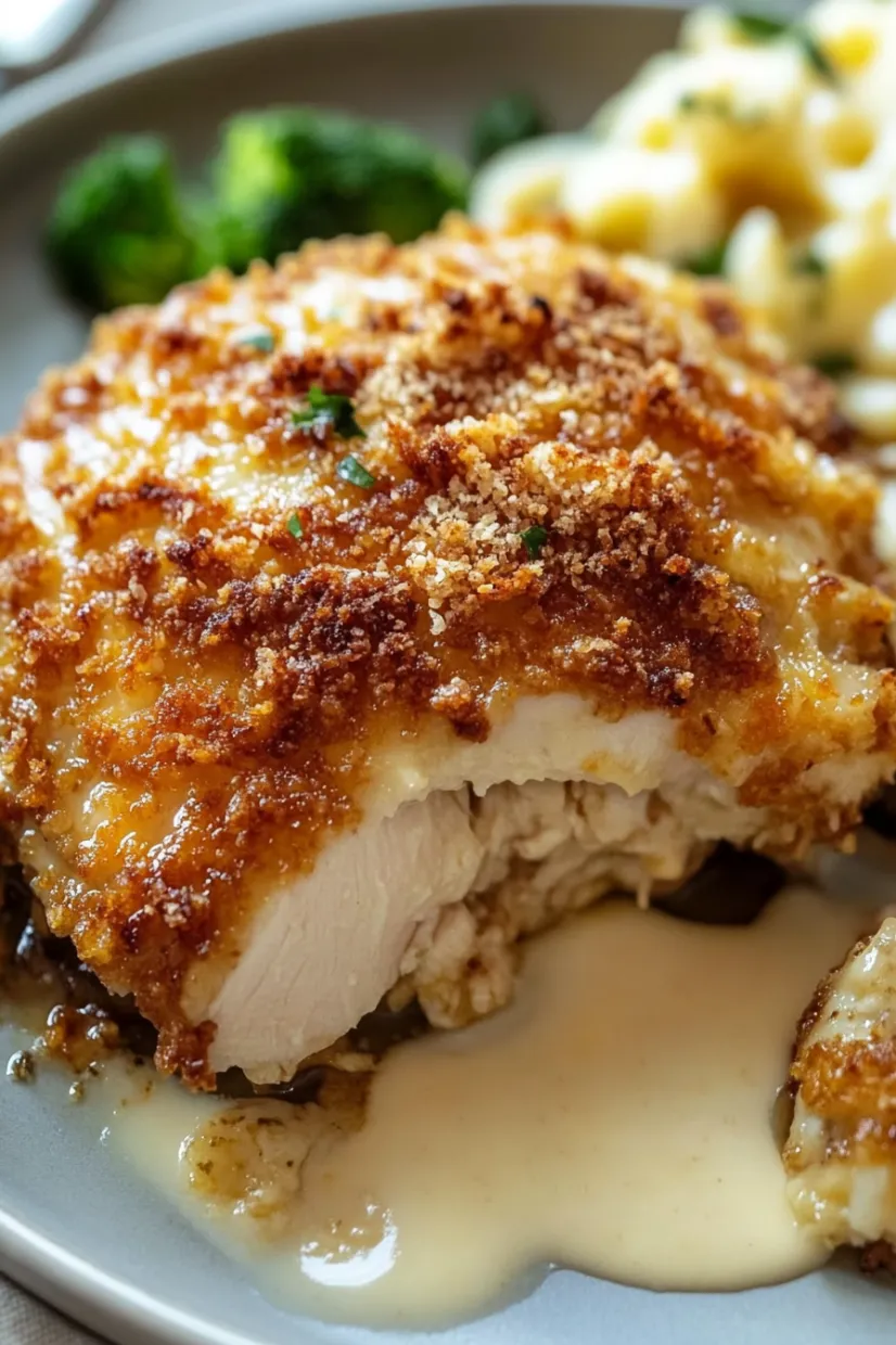 A piece of fried chicken with a green herb on top.