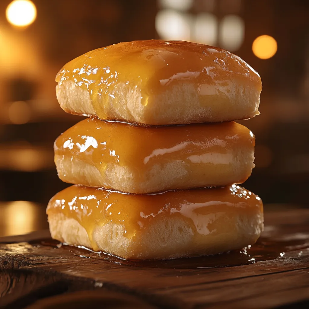 Three glazed donuts stacked up.