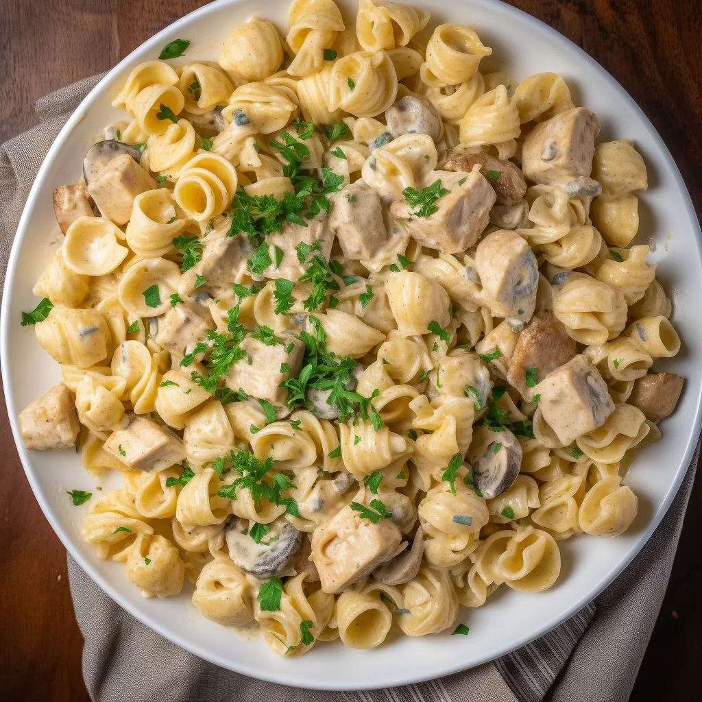Chicken and mushroom pasta served in a big bowl.